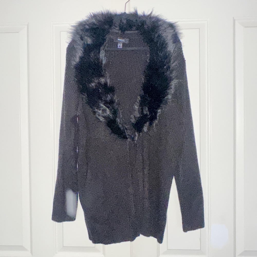 Forever 21 Plus Cardigan Sweater 3X Black Faux Fur Collar Removable Open Knit